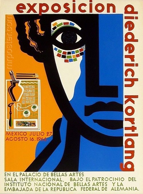 Abstract design of a human face in black, white and blue, with name of the exhibition or exposition, and artist´s name. Orange background.