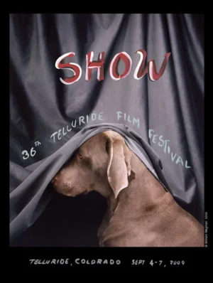 Weimaraner dog profile under a theater curtain at the Telluride Film Festival