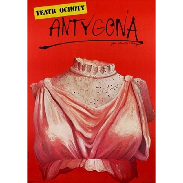 Headless Greek woman´s bust draped in pink toga or robe on a bright red background.