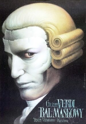 Man in a white mask and 18th century style wig.