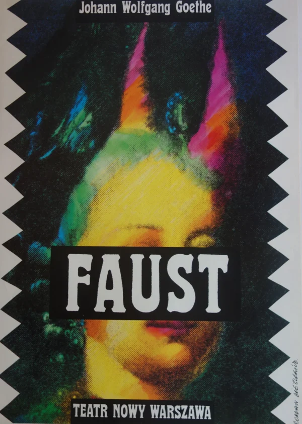 Rainbow colored horned devil with the title Faust across his face.