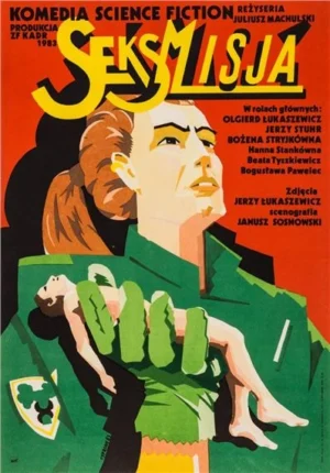 Colorful sci-fi image showing a lady in a green scientist uniform holding up a small naked man in her gloved hand with the stylized title text in yellow letters above against the red background.