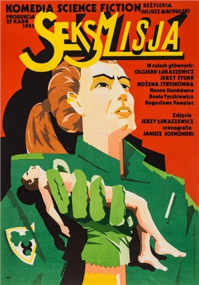 Colorful sci-fi image showing a lady in a green scientist uniform holding up a small naked man in her gloved hand with the stylized title text in yellow letters above against the red background.