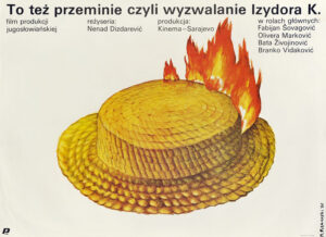 Yellow straw hat on fire.