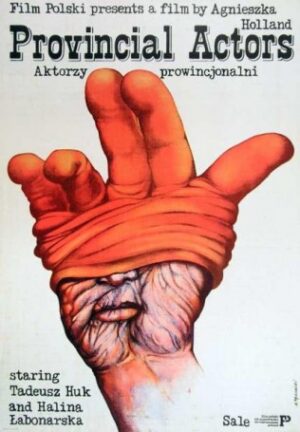 Red glove on a human hand, with nose and mouth on the palm.