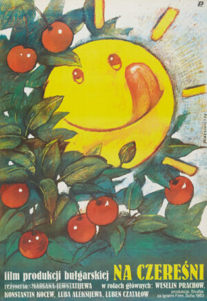 Sun licking his lips with tongue, shining through a cherry tree.