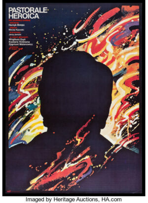 Man´s silhouette against a fiery swirl of rainbow colors.