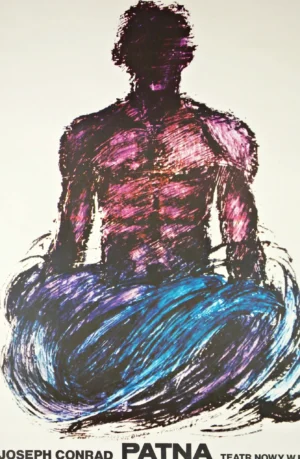 Seated Buddha figure in a lotus position, done in colorful abstract style.
